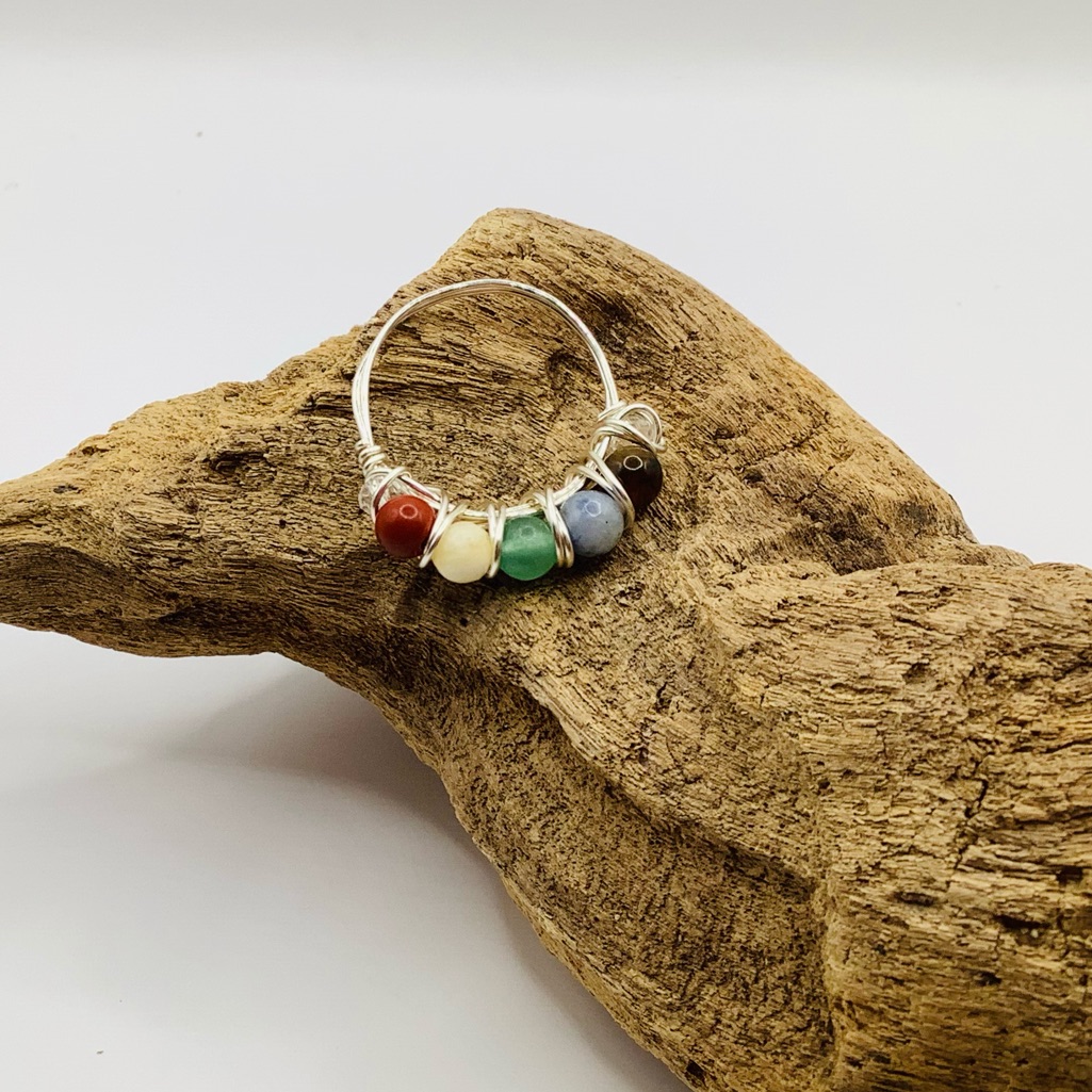 New Ring Stone Chakra Wire Wrapped Rainbow Hippie Silver 28$